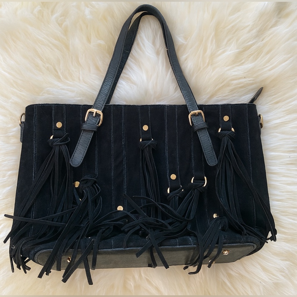 Womens Large Black Fringe Suede Embossed Studded Shoulder Bag Western Festival